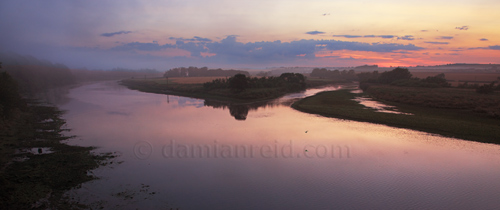 Twilight at Whiteadder Point on the River Tweed near Berwick, Northumberland with a gull flying up river