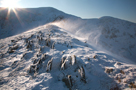 Swirral Edge Helvellyn, ice, sun, spindrift and rocks, Lake District