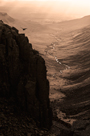 Dramatic sepia image of cliffs of High Cup Scar on south east side of the nick of High Cup Nick, Pennines, Cumbria