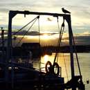 Sunset over fishing boats in Amble Harbour